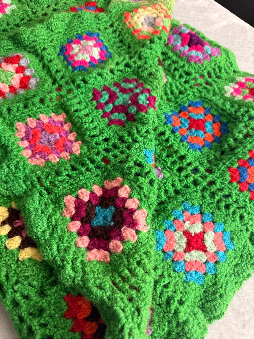 Handmade Green Crocheted Granny Square Throw - Multicolor Accents